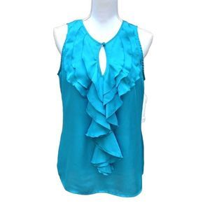 Cato Teal Ruffle Front Keyhole Neck Sleeveless Blouse L